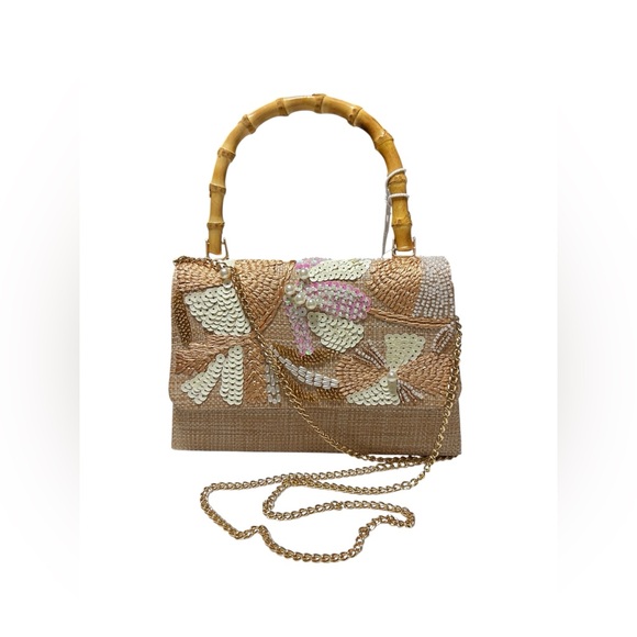 Haute Hippie Handbags - Haute Hippie Embellished Raffia Bamboo Handle Sachel Detachable Gold Chain Strap